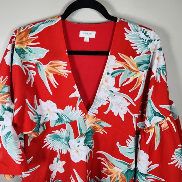 Umgee Shirt Womens S Red Floral V Neck 3/4 Sleeve Tunic Blouse Flutter Ruffle - Picture 2 of 8